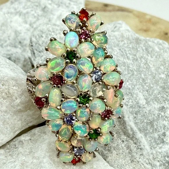 Premium Ethiopian Welo Opal & MultiGemstone 5.75 ctw Statement Ring Platinum/925 - Picture 10 of 17